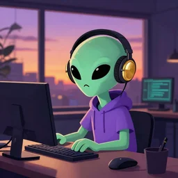 friendly alien avatar computer programmer working late at night sunset outside window headphones terminal artstation purple and gold