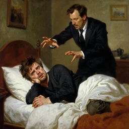 peter dinklage is in his bed, nervous and terrified, because a kevin bacon is attacking him. highly detailed painting by gaston bussiere, j. c. leyendecker, greg rutkowski, craig mullins 8 k