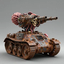 Techno-biological rusty tank consisting of tumors, meat, veins, bones, guts, kidneys, wires. Double cannon. Biopunk, body-horror, high detail, photorealism, full length view, very rust, concept art, octane render, 16k, 8k