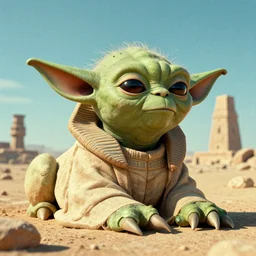 high definition 3 d render of yoda's head on a sphinx body, egyptology, ancient aliens, grainy cinestill film landscape photo, blender, monument, 8 k