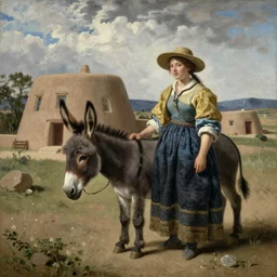 a photorealistic painting in the style of Dutch masters, a woman, a donkey, Angelica Houston, an earthship in Taos New Mexico, incredibly detailed, exquisite landscape