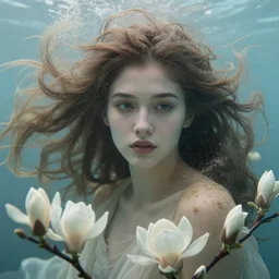 character art of a goddess of magnolias as windy dusty underwater angelic young female | | seductive - fine - face, pretty face, key visual, realistic shaded perfect face, fine details by artgerm, wlop, tom bagshaw, james jean, andrei riabovitchev, marc simonetti, trending on artstation