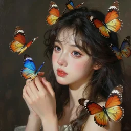 surreal painting of a beautiful girl with very big eyes, playing with giant butterflies, realistic photo