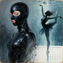 two anime beautiful female body silhouettes, beautiful acrylic fluid portrait, photography by amy leibowitz, renaissance painting by michaelangelo, matte fresco, black latex female balaclava, female calendar, ballerina body covered with black water, underwater, melting glass, close up portrait, cinematic still, film still, magic hour, hard shadows, fashion portrait, cold colors, long exposure, sketch