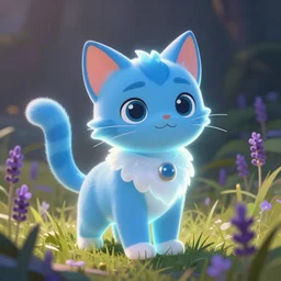 illustration of a glowing cute blue warrior cat in grassy field with lavender, concept art, artstation, warrior cats, hd