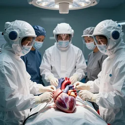 medical, 5 diverse medical cybersuits, heart operation, clean, helmet view, smooth, visor, macro, biological, clean, wide wide angle, vivid, elaborate, highly detailed, beautiful lighting