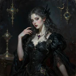 fantasy, portrait oil painting, perfect expression, subconscious connects, purified consciousness, female, vagabond, evil, dark knight, beautiful, elegant, octopath traveler, final fantasy, gothic, artifacts