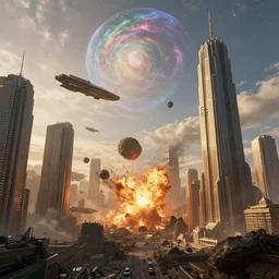 The futuristic sci-fi city has tall brutalist architecture buildings, some giant spaceships are leaving the city, a gigantic asteroid is hitting the city, there is a big explotion, destroying the city, the background has a detailed heavenly and iridescent light, matte painting, concept art, dramatic lighting, golden hour, 4k, 8k, trending on Artstation, realistic