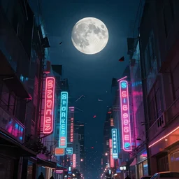 abstract city street buildings fragments and neon signs floating, night, big moon