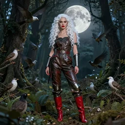 warrior woman, goddess of flora and fauna, hunting, personification of the moon, red lips, with curls of long white hair, standing in the middle of the forest and birds, in leather overalls from lee alexander mcqueen, iron armor, red boots, very beautiful style, edgard maxence raffaello santi 8 k