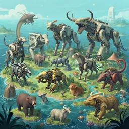 Highly Detailed digital illustration about the beauty of nature in a oceanpunk world where all animals have been replaced by mechanical beasts. Trending on Artstation