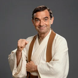 Still of Mr. Bean as jedi master Obiwan kenobi!!!!. in Star Wars (1977). detailed eyes. medium shot, technicolor. light saber