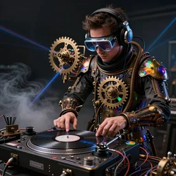 a person wearing goggles and visor and headphones using a steampunk record player contraption, wires and tubes, turntablism dj scratching, intricate planetary gears, complex, cinematic, imax, sharp focus, iridescent, black light, fog, lasers
