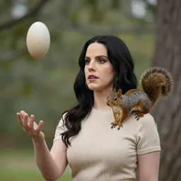 Lana Del Rey juggling while a squirrel is on her shoulder i5