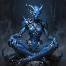 singularity blue demon seated, with high tech body interface. iridescent textures. highly detailed fantasy science fiction painting. highly detailed fantasy science fiction painting by vrubel and chris cunningham. smoke and light glow. dark. artstation