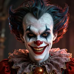 the evil jester smirking, lovecraft scene, detailed portrait, 3 d, intricate details, by vincent di fate, artgerm, smooth gradients, octane render, 8 k, volumetric lightning, high contrast, depth of field, coherent face
