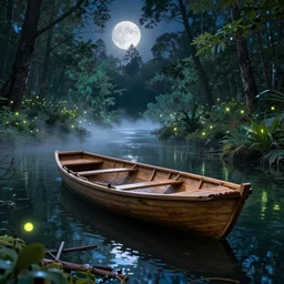 Beautiful wooden boat in the forest river, vibrant bright cyberpunk color scheme, hyperdetailed twigs and plants, moonlit nightscape, bioluminiscent fireflies, layered fog, moody lighting, photorealistic digital arts, artstation HD, 8K