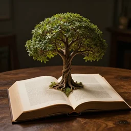 tree of life growing out of an opened book, on a wooden table, rim light, extremely detailed, masterpiece, artstation, cinematic lighting, photographic, by greg rutkowski, artgerm and alphonse mucha