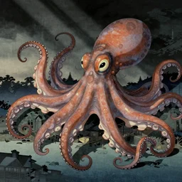 giant octopus taking over kyoto, cinematic view, in the style of yamato - e traditional painting, dramatic atmosphere