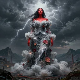 A giant woman, wearing clothes made out of thunder clouds and flowers red skin, mountains, Masterpiece, glowing, wires everywhere, by Edgar Maxence and Ross Tran, Zdzisław Beksiński, and Michael Whelan, distant, gustav dore, H.R. Giger, 8k, octane render