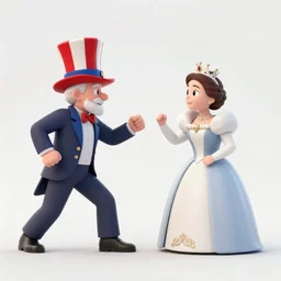 an old man with a red white and blue tall hat and suit fighting queen elizabeth