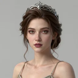 complex 3 d render, ultra detailed, realistic portrait of a beautiful porcelain skin woman, face, wispy, wavy hair worn tied back in a messy bun, wearing filigree silver elven circlet, hazel open eyes, looking straight ahead, brown eyeshadow, mauve lips, natural makeup, 8 5 mm lens, beautiful, studio portrait, spaghetti strap dress,
