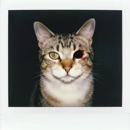 “ a polaroid picture of a zombie cat with a bloody hole in its head, rembrandt lighting ”