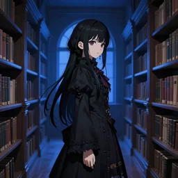 1 7 - year - old anime goth girl, black hair, long bob cut, long bangs, gothic coat, gloomy library, deep blue lighting, old library, sense of space, strong lighting, strong shadows, vivid hues, ultra - realistic, sharp details, subsurface scattering, intricate details, hd anime, 2 0 1 9 anime