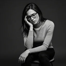 black and white, studio photograph of a andrea belluci wearing glasses sitting on a stool wearing a turtleneck, anxiety and depression, intricate, elegant, highly detailed, hyper realistic, dark background, flickr, smooth, sharp focus, shot by national geographic