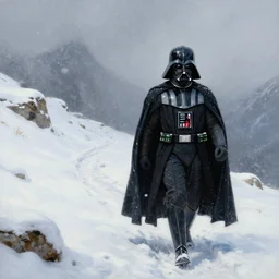 Darth Vader walking down a mountain trail while it's snowing, Painting