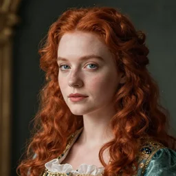 hyper realistic photography beautiful girl, face tamzin merchant, red hair, louis xvi style