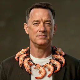 Tom hanks as forrest gump wearing a necklace made out of shrimps around the neck, realistic face, digital art, in the style of Daniel Conway, amazing detail, artstation, long shot