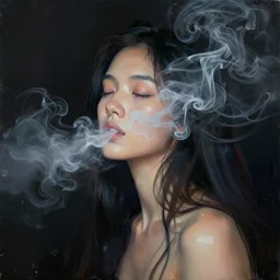 dark background, light paint, candid!! long abstract paint portrait of a very very beautiful! young filipino woman with very narrow face, closed eyes and flowing long hair, swirling dreamy smoke and fog is coming from her mouth, face partially obscured, by conrad roset, abstract background, dramatic lighting, minimal art, trending on artstation