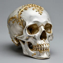 a portrait of a beautiful ornate and intricate rococo skull with silver and gold details and diamonds inside a rococo frame, 4k, octane render, vray, unreal engine, photorealistic