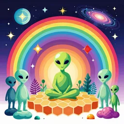 psychedelic aliens, enchanted alien world, aliens, galaxy in the sky, occult, illuminati, third eye, rainbows, bright colors, psychedelic, vector art, honeycomb, dripping, fire, high contrast, fantasy poster by helen huang and frank frazetta and salvador dali and norman rockwell, anime style, 4 k
