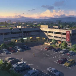 the parking lot of a destroyed ruined shopping mall at dawn, cars, a fantasy digital painting by makoto shinkai, trending on artstation, highly detailed