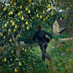 vintage beautiful painting of a man running away from an overgrown dark green village full of pears in Mary Cassatt style