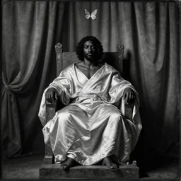 large black man sitting on throne wrapped in silk, background made of large folding curtains, black and white color, dimly lit, butterfly lighting, dark, renaissance painting, style of carrivagio