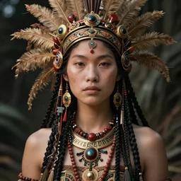 hyper realistic photography portrait of postapocalyptic religious occult cyberpunk asian cyborg tribal amazon cinematic, brom, mucha, moebius juan gimenez artstation, cgsociety