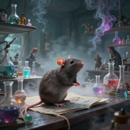 rat sitting on a desk in a laboratory with lots of flasks filled with magic liquids and poisonous fog, stephen bliss, unreal engine, fantasy art by greg rutkowski, loish, rhads, ferdinand knab, ilya kuvshinov, rossdraws, tom bagshaw, global illumination, radiant soft light, detailed and intricate environment