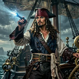 A high fantasy pirate captain on a ship, by Peter Mohrbacher and Craig Mullins, full shot, official media, beautiful, detailed, high quality, wallpaper 4K, epic, trending on artstation and behance, dynamic lightning