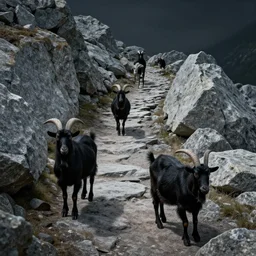 black goats in a path in avila mountains, granite stones, 4 k, concept art, by wlop, ilya kuvshinov, artgerm, krenz cushart, greg rutkowski, pixiv. cinematic dramatic atmosphere, sharp focus, volumetric lighting, cinematic lighting, studio quality
