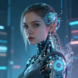 portrait of a cyberpunk beautiful young woman by Greg Rutkowski,biomechanical, highly detailed portrait, Blade Runner background, futuristic, digital engine, luminous,vapor