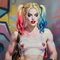 greg manchess portrait painting of smug harley quinn as beautiful thick very ( ( muscular ) ) ( ( ( roided ) ) ) ( bodybuilder ) played by margot robbie, ( ( no makeup ) ), wide roided face, medium shot, asymmetrical, profile picture, organic painting, sunny day, matte painting, bold shapes, hard edges, street art, trending on art