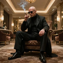 concept art of Agent 47 smoking a spliff!! in the lobby of a hotel. epic wide angle shot, cinematic lighting photorealistic, 8k, award winning on Artstation, hyper detailed, hyper realistic.