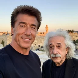 photo realistic, selfie of sylvester stallone and albert einstein in front on the kotel at sunset