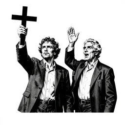 godless politicians waving a cross, black & white, intricate detalils, stencil art by shag, tom whalen, artgerm, clean bold lines