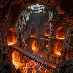 man-made dungeon interior with stone walls and metal walkways suspended above lava, tunnels and archways; detailed, best on artstation, raymond swanland, bayard wu, cosmic, epic, stunning, masterpiece