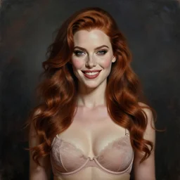 epic painting drawing, full portrait of a beautiful vampire supermodel ( ( smiling lovingly ) ) in bras, long brown ( red ) wavy hair, photography by amy leibowitz, wlop, jeremy lipkin, beeple, intricate, symmetrical front portrait, artgerm, dark smoky background