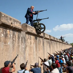 Donald Trump standing on top of his giant wall on the Mexican border, operating a mounted MG-42 and gunning down hordes of Mexicans attempting to climb the wall